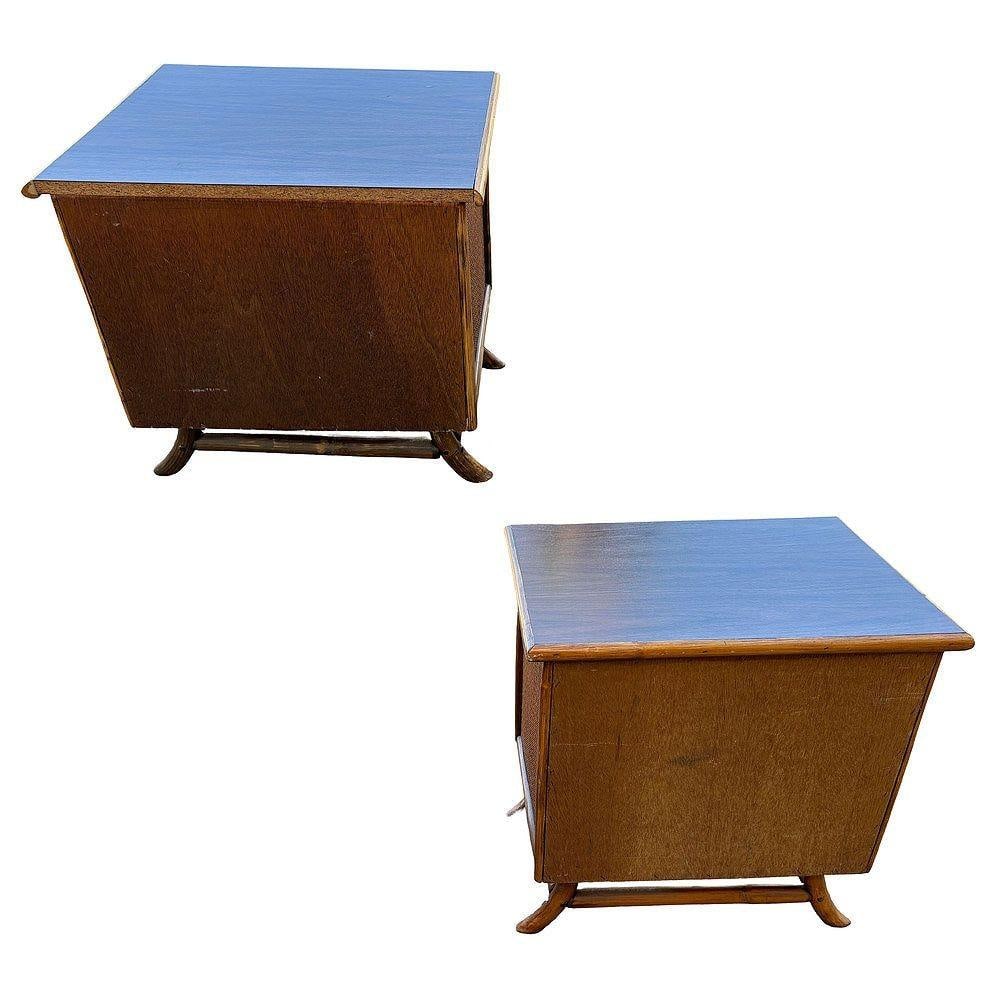 Restored James Mont Styles Rattan & Woven Wicker Bedside Table, Pair - 5