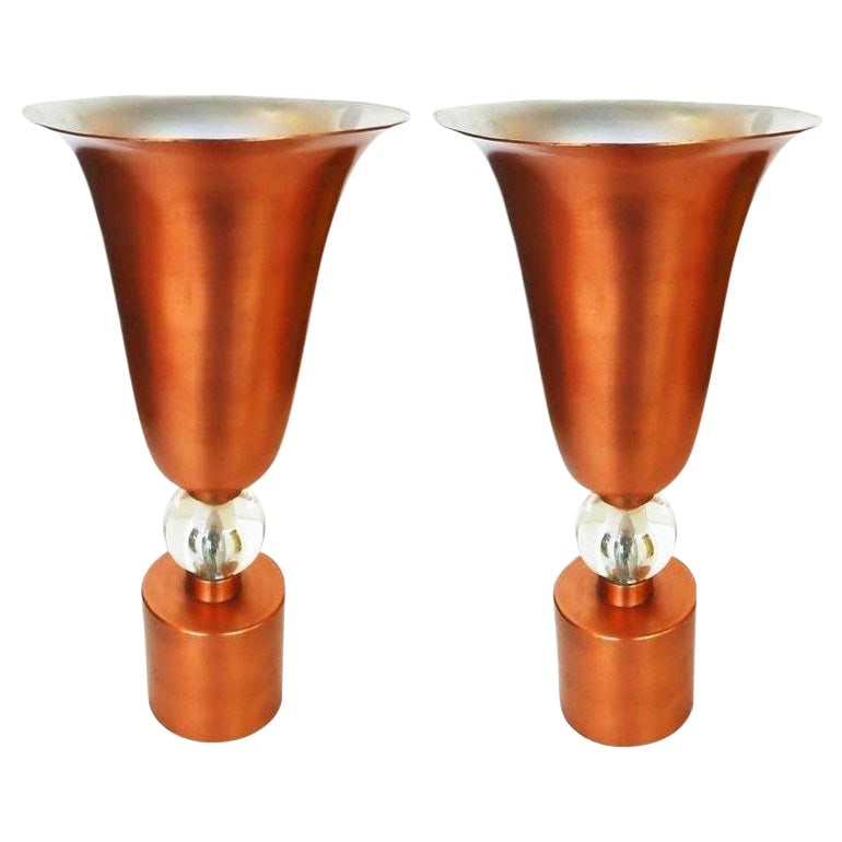 Copper Mid-Century Torchiere Table Lamps, Pair: Title: Copper Mid-Century Torchiere Table Lamps, Pair Description: Vintage pair of Mid-Century copper torchière table lamps with leaded glass center accent. Made in the USA, circa 1940. They are in