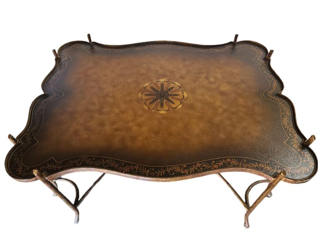 Maitland Smith Gilded Iron Faux Bois Tray Top Statement Tole Cocktail Table - 2