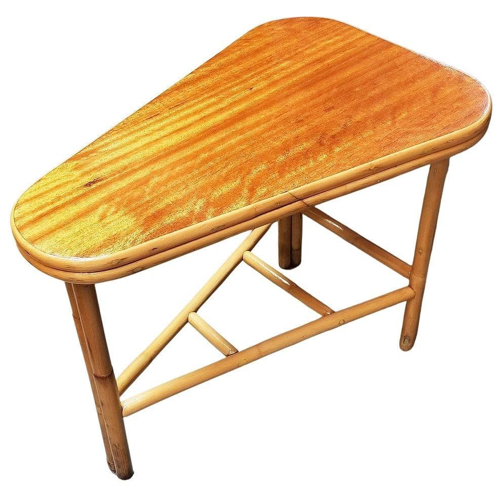 Restored MCM Rattan & Mahogany "Surfbaord" Wedge Side Table w/ Bottom Rack - 3