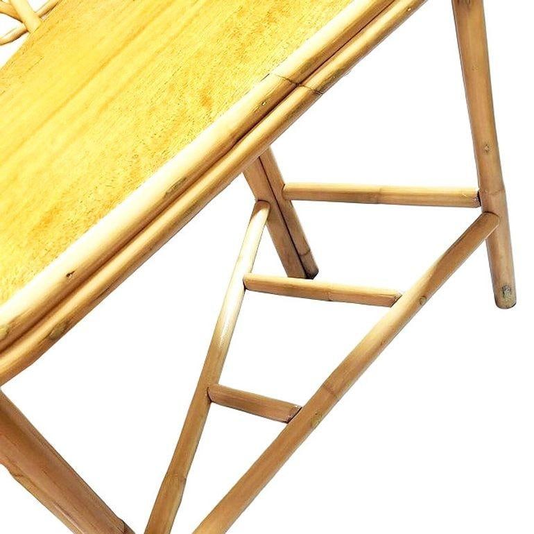 Restored MCM Rattan & Mahogany "Surfbaord" Wedge Side Table w/ Bottom Rack - 5