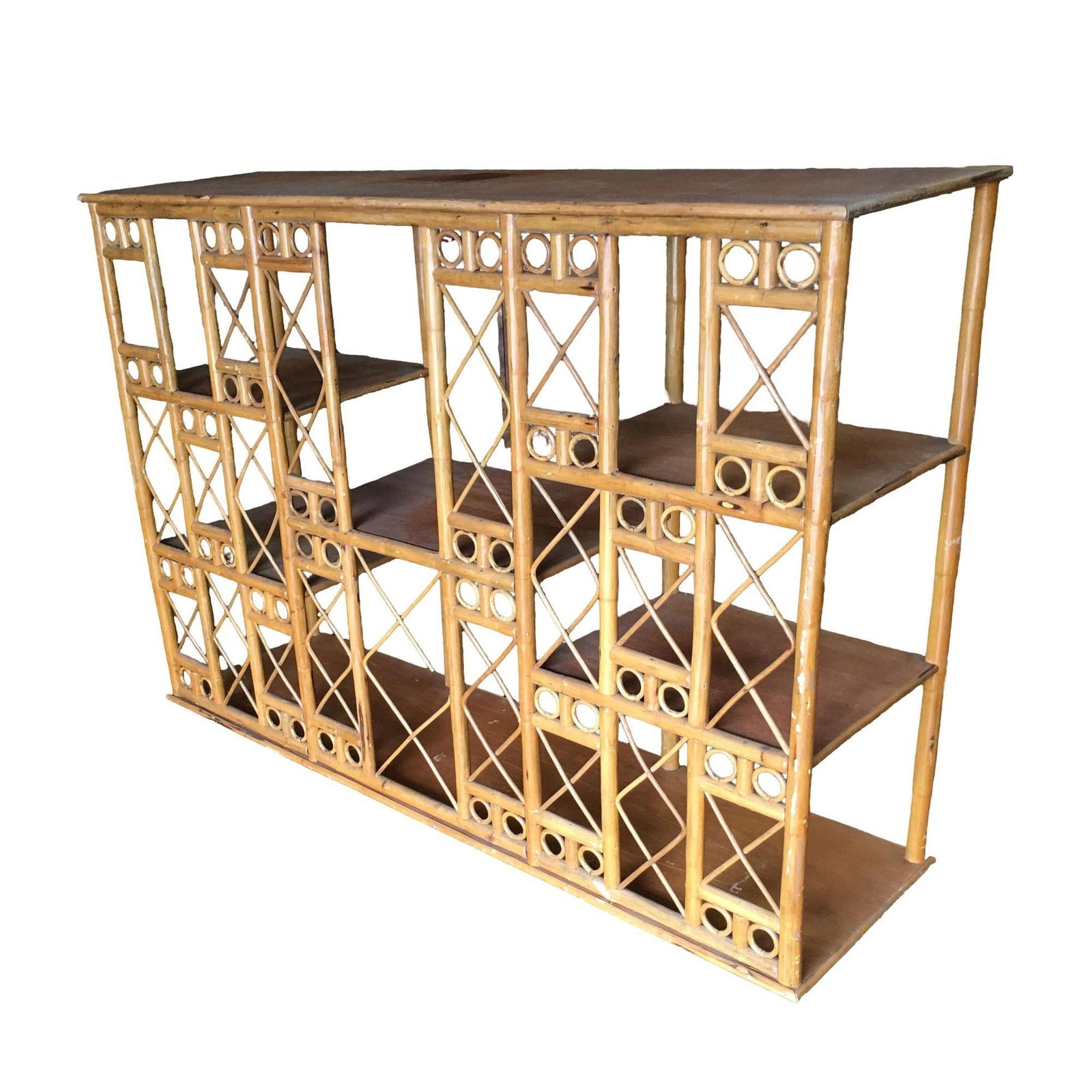 Restored Rattan Seven-Tier Tic-Tac-Toe Display Shelf Wall Etagere Unit - 2