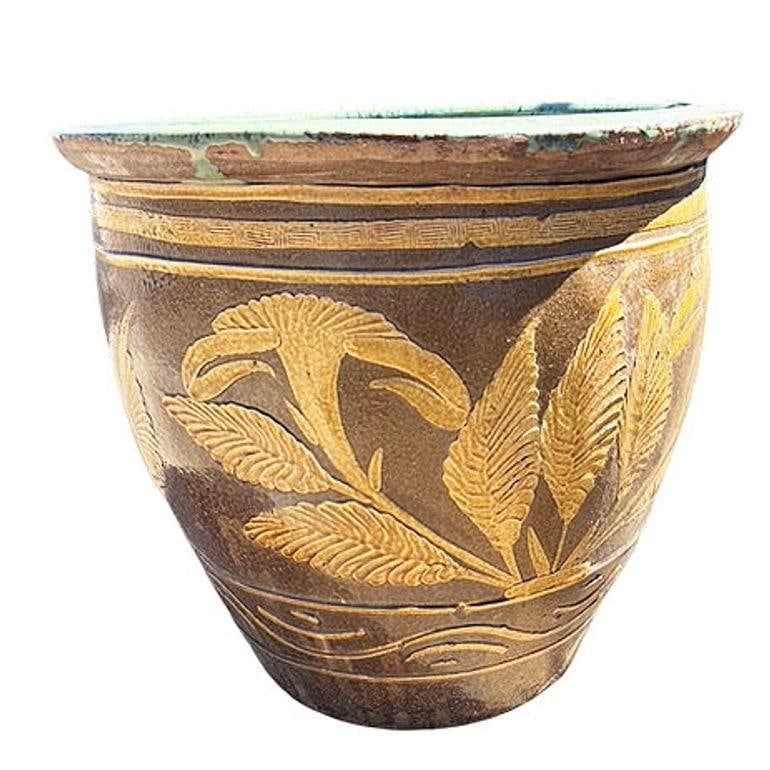 Antique Chinese Century-Egg Pottery Jar • Bird & Fern Motifs • Coastal Jardinièr - 3