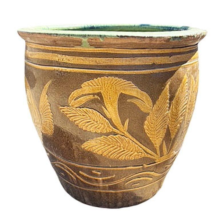 Antique Chinese Century-Egg Pottery Jar • Bird & Fern Motifs • Coastal Jardinièr - 4