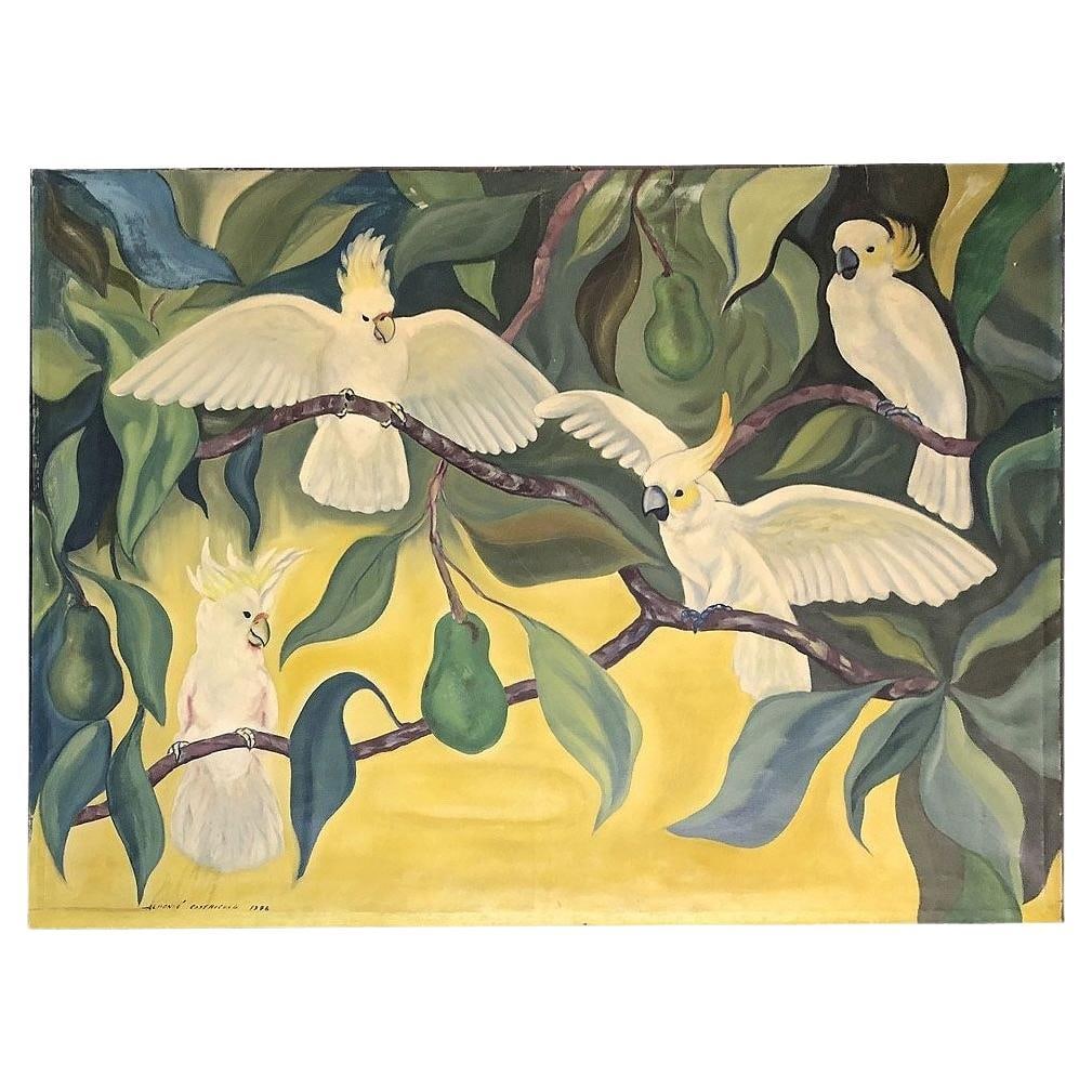 Hawaiian Cockatoos Acrylic on Canvas Tropical Paining by Alfonso Castricone: Title: Hawaiian Cockatoos Acrylic on Canvas Tropical Paining by Alfonso Castricone Description: Original acrylic on canvas Hawaiian painting by Alfonso Castricone, titled Cockatoos in Avocado Tree,