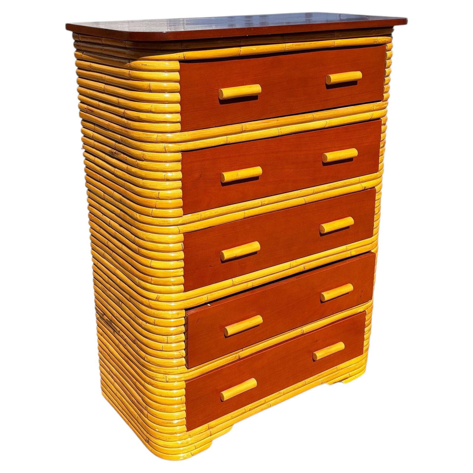 Restored Paul Frankl Style Stacked Rattan & Mahogany Art Deco Highboy Dresser: Title: Restored Paul Frankl Style Stacked Rattan & Mahogany Art Deco Highboy Dresser Description: This beautifully restored coastal Art Deco era rattan chest of drawers with a mahogany top and five pu
