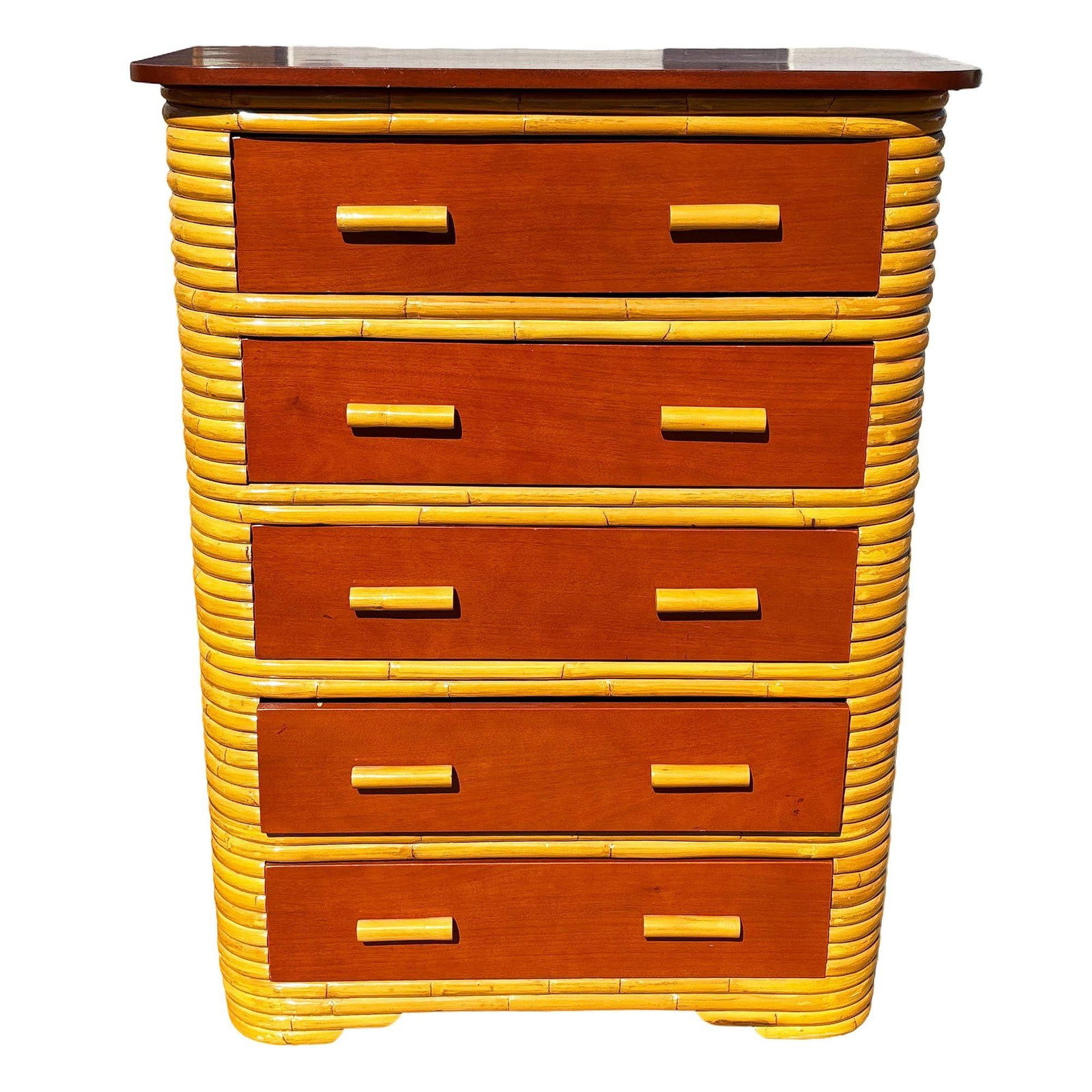 Restored Paul Frankl Style Stacked Rattan & Mahogany Art Deco Highboy Dresser - 2