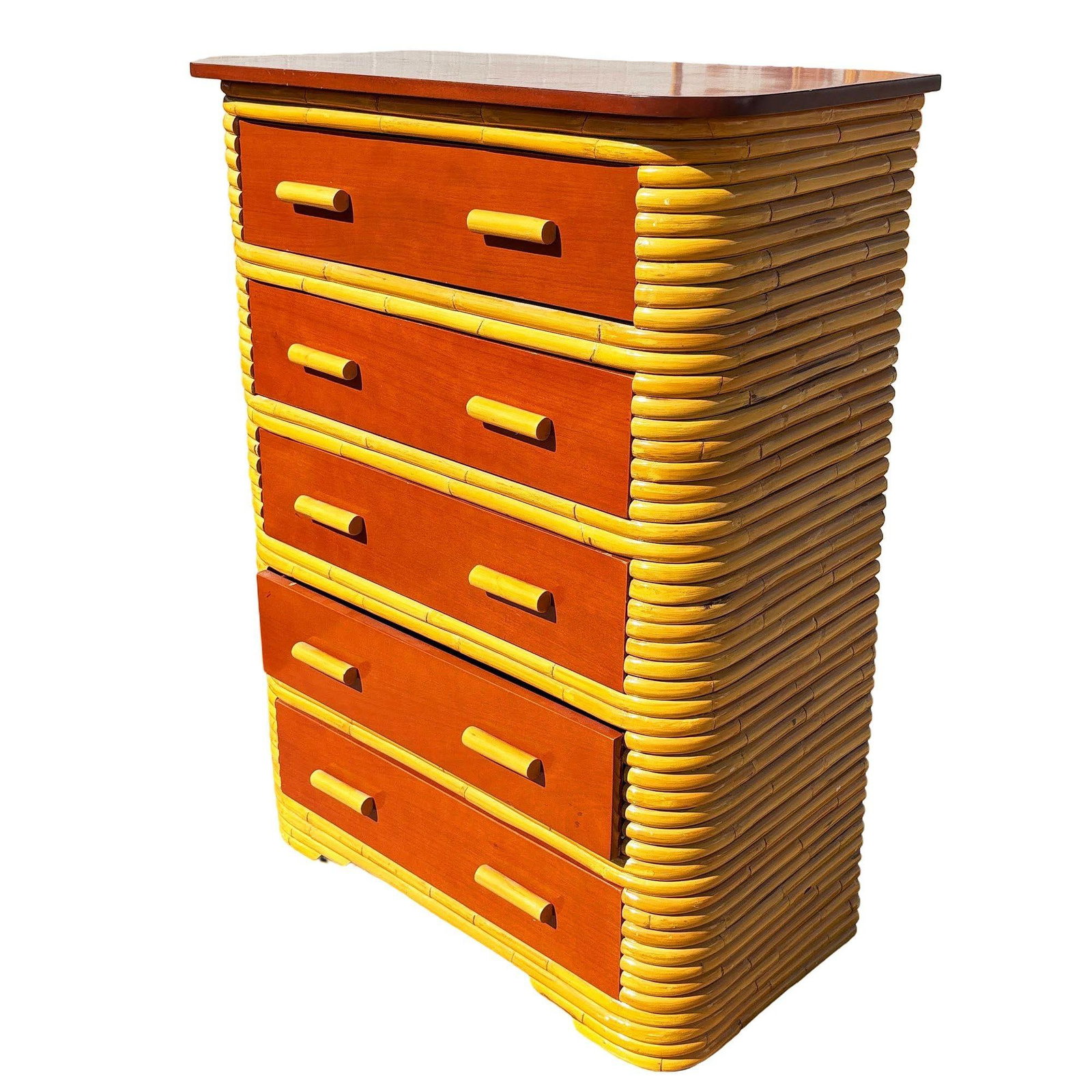 Restored Paul Frankl Style Stacked Rattan & Mahogany Art Deco Highboy Dresser - 3
