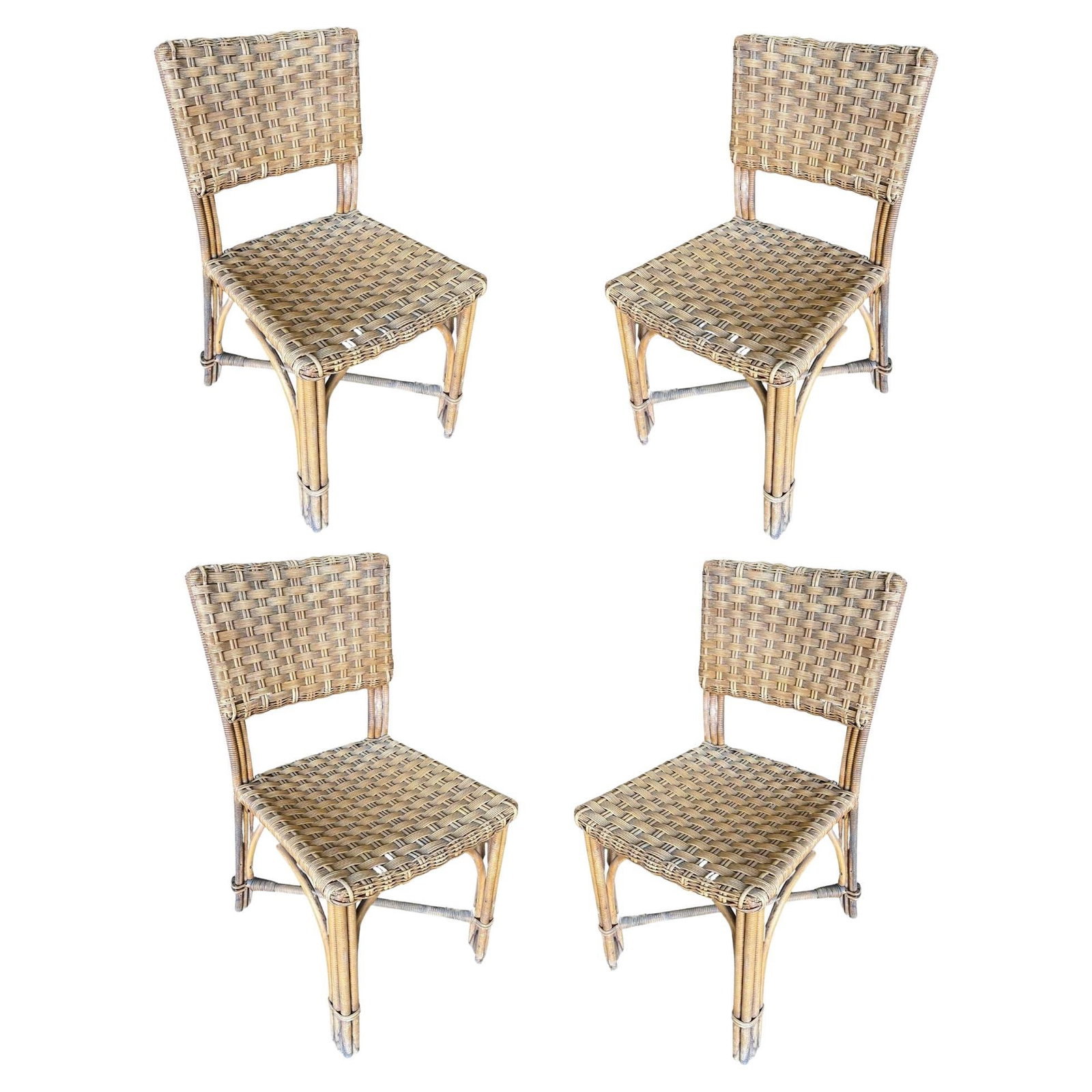 Restored Midcentury Era Rattan Dining Side Chairs with Wicker Woven Seats (1 of 4)