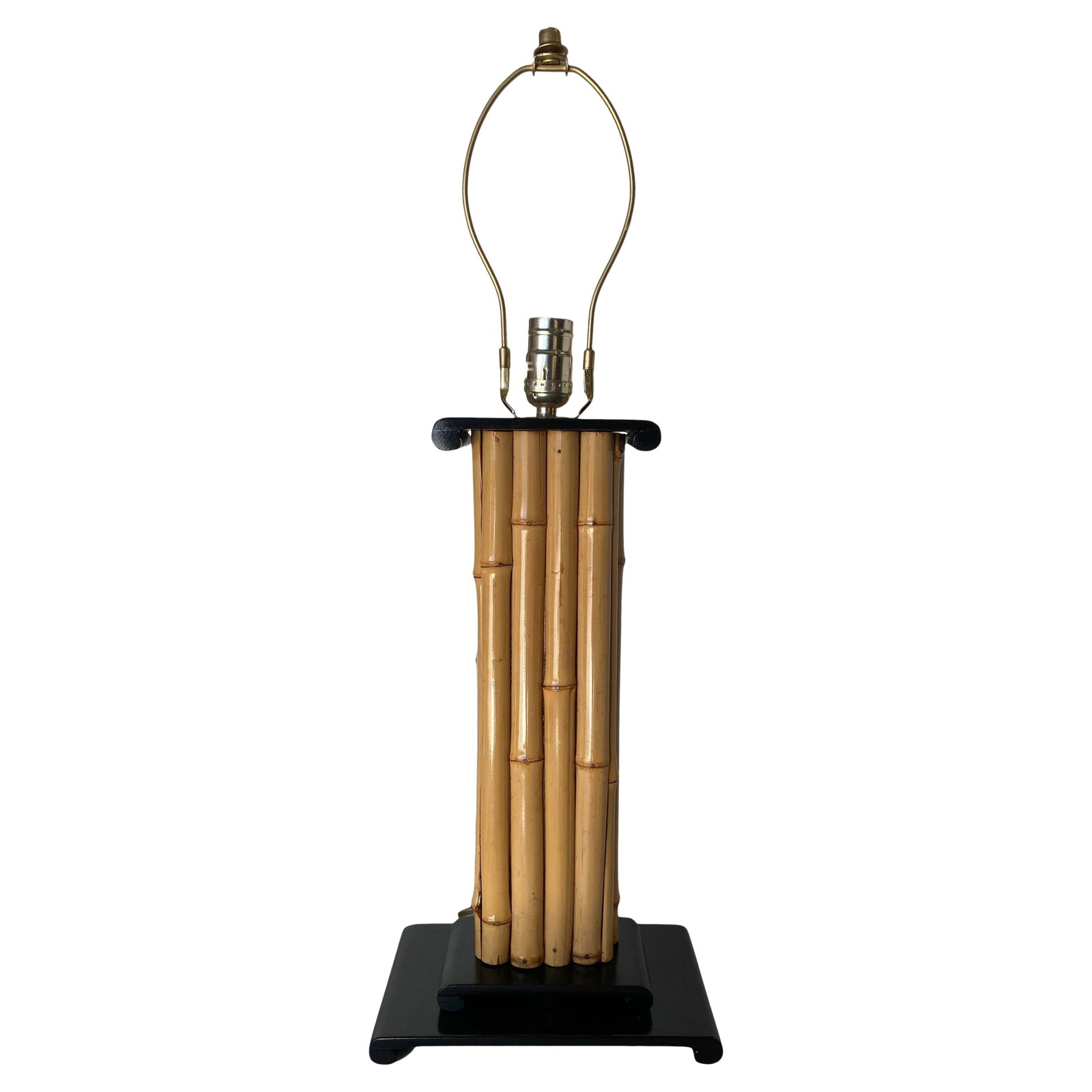 Wrapped Rattan Pole Lamp W/ Black Demi Base: Title: Wrapped Rattan Pole Lamp W/ Black Demi Base Description: Vertically stacked rattan pole lamp with black lacquer demi mahogany base and top cap piece. Wire for standard 120v North American