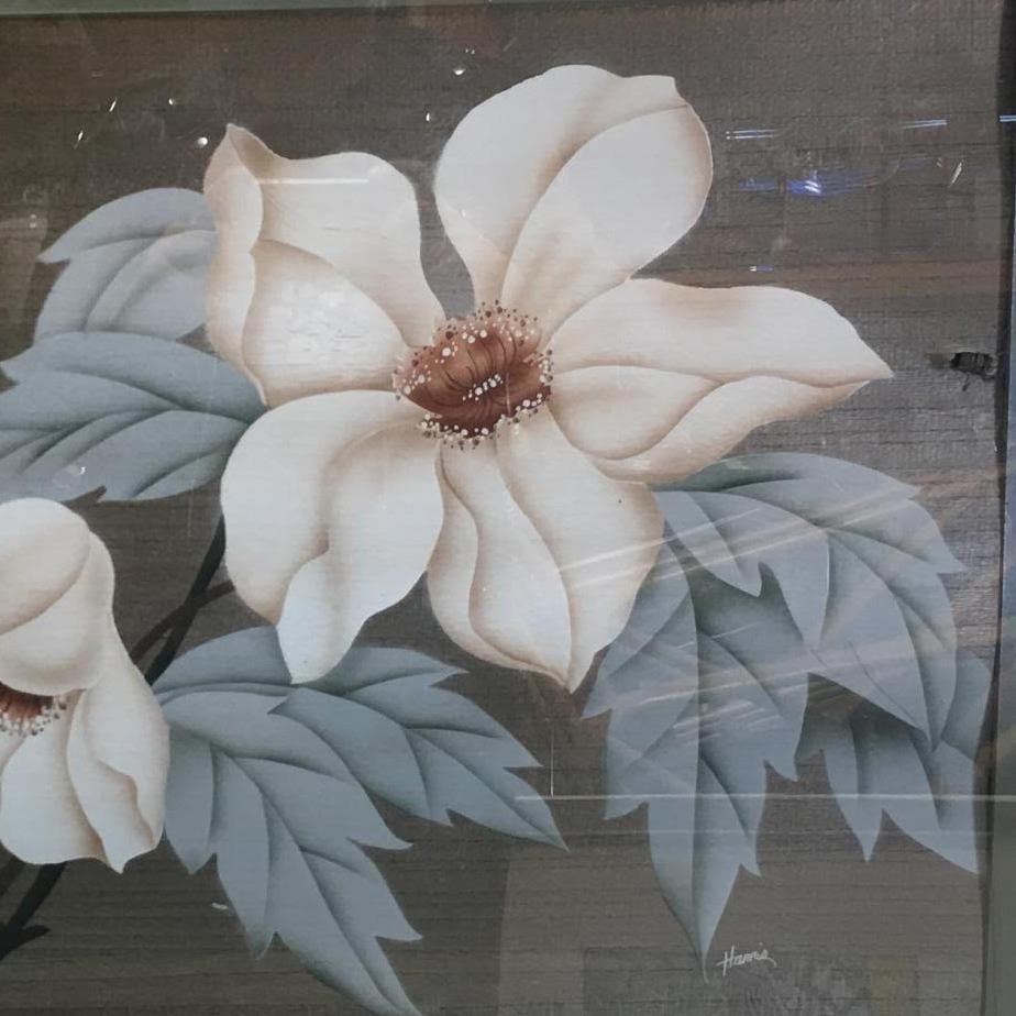 Postwar Hawaiian Airbrush Tropical Hibiscus Floral in White Wood Frame, Signed - 2