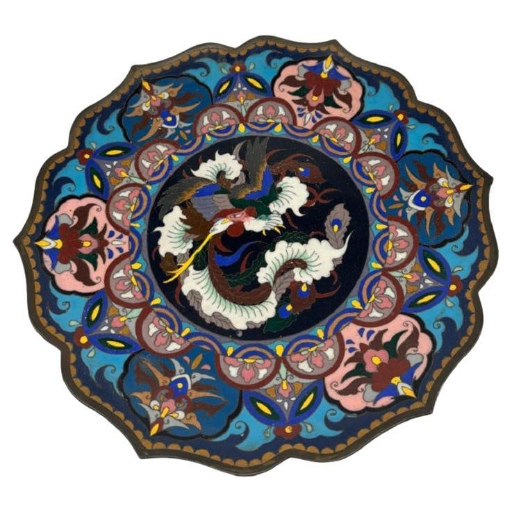 Rare 19th-century antique Meiji Period Japanese Bronze Cloisonné Charger: Title: Rare 19th-century antique Meiji Period Japanese Bronze Cloisonné Charger Description: This exquisite piece is crafted with great care and beauty. It features a stunning dragon scene and is mar