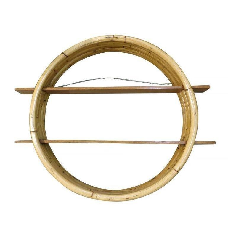 Restored Midcentury Circular Rattan Wall Shelf with Mahogany Slats - 3