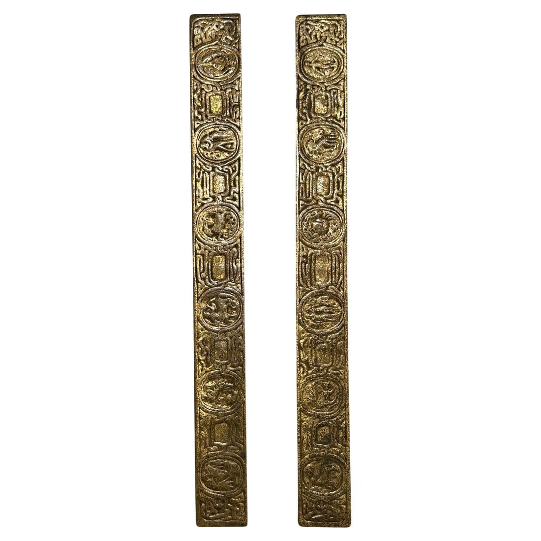 Tiffany Studios Gold Dore Bronze Acid Etched Zodiac 19" Blotter Ends, Pair #994: Title: Tiffany Studios Gold Dore Bronze Acid Etched Zodiac 19" Blotter Ends, Pair #994 Description: Very nice set of Tiffany Studios New York bronze blotter ends # 994. They have a great patina! They