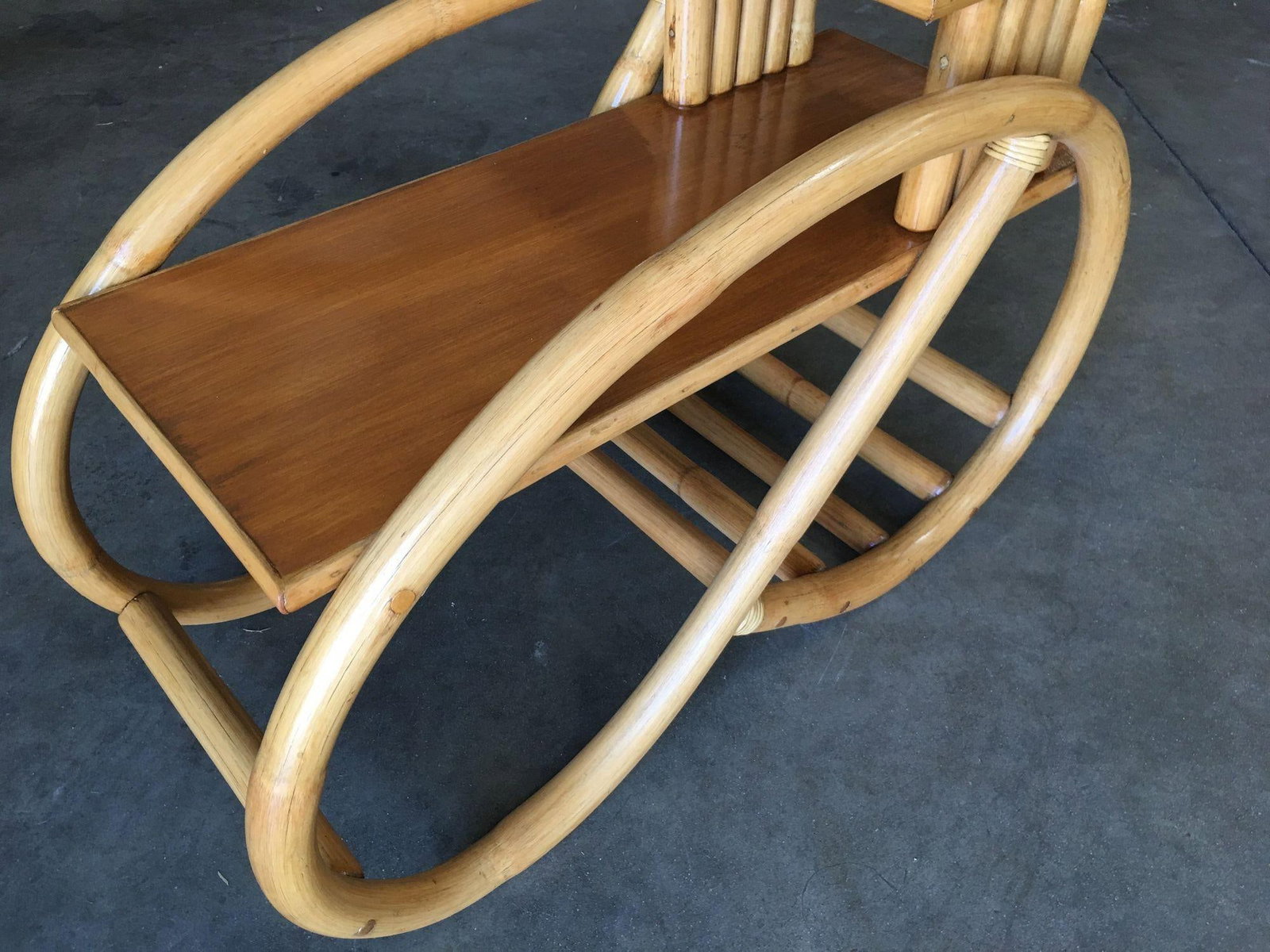 Restored 3/4 Round Pretzel Rattan Side Table w/ 2-Tier Mahogany Tops, Pair - 5
