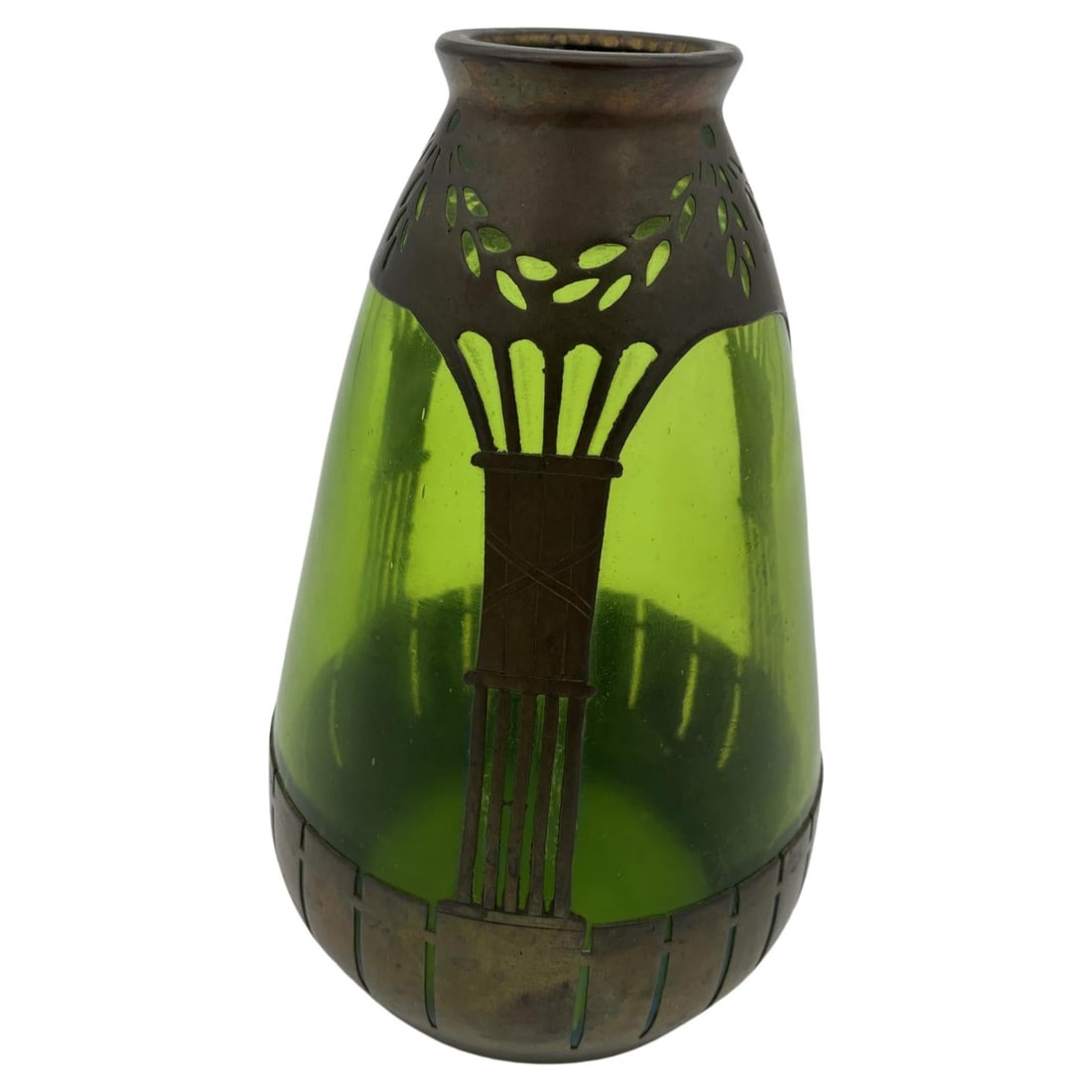 French Art Nouveau Copper and Green Glass Vase: Title: French Art Nouveau Copper and Green Glass Vase Description: French Art Nouveau copper and green glass vase featuring a hand-blown green with a copper frame. Circa 1900. Additional Information: