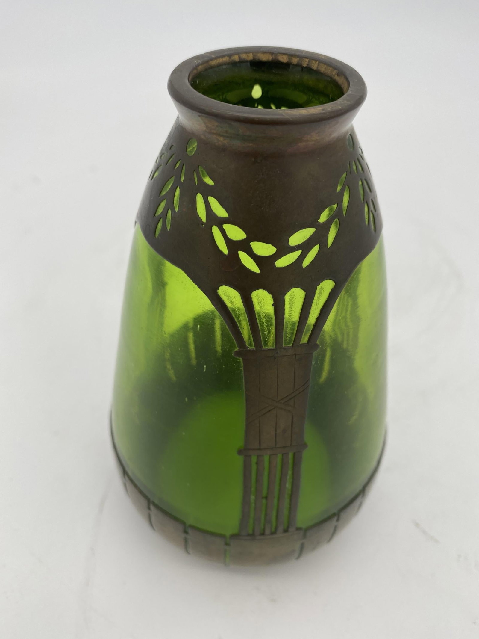French Art Nouveau Copper and Green Glass Vase - 2