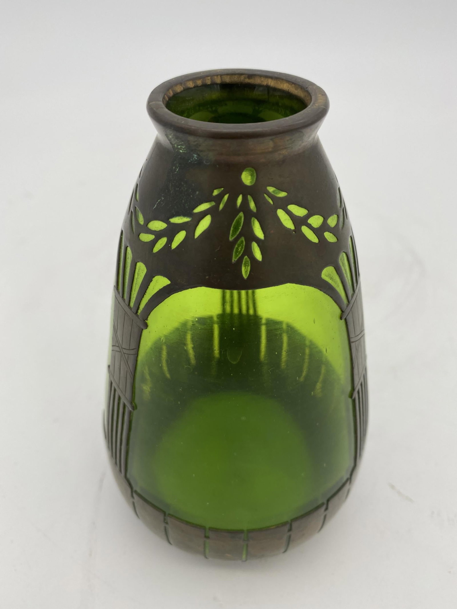 French Art Nouveau Copper and Green Glass Vase - 5