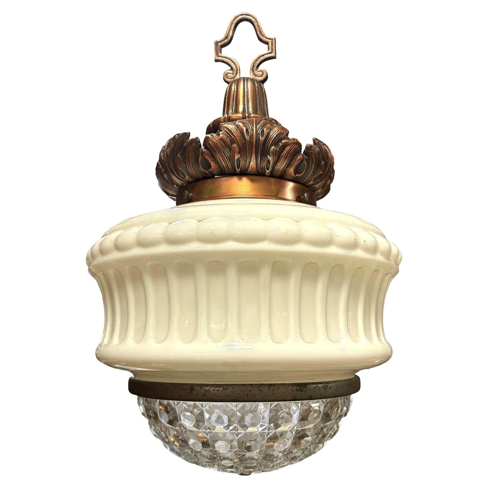Art Deco Copper Acanthus Leaf Pendant Light w/ Crystal & Milk Glass Acorn Shade (1 of 5)