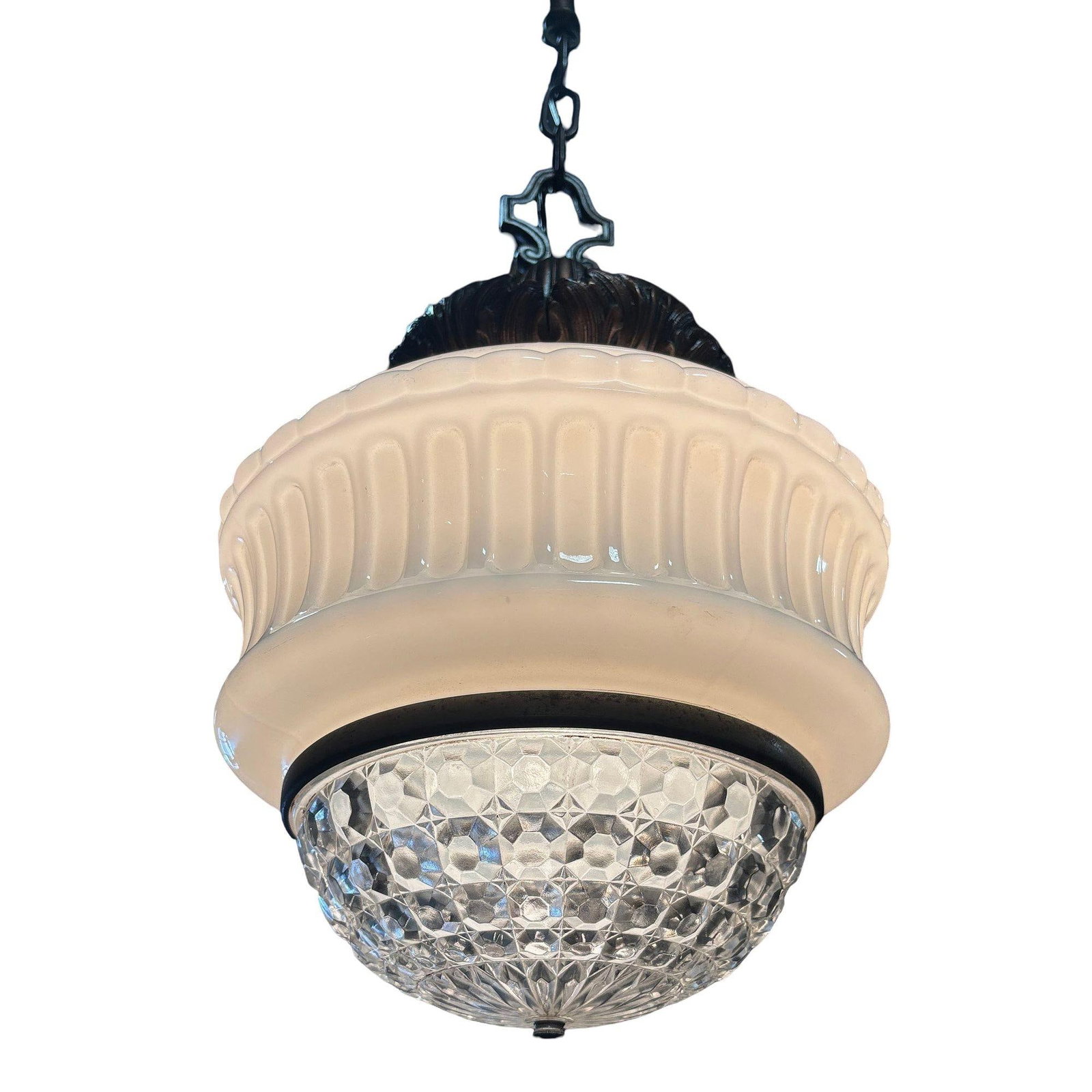 Art Deco Copper Acanthus Leaf Pendant Light w/ Crystal & Milk Glass Acorn Shade - 2