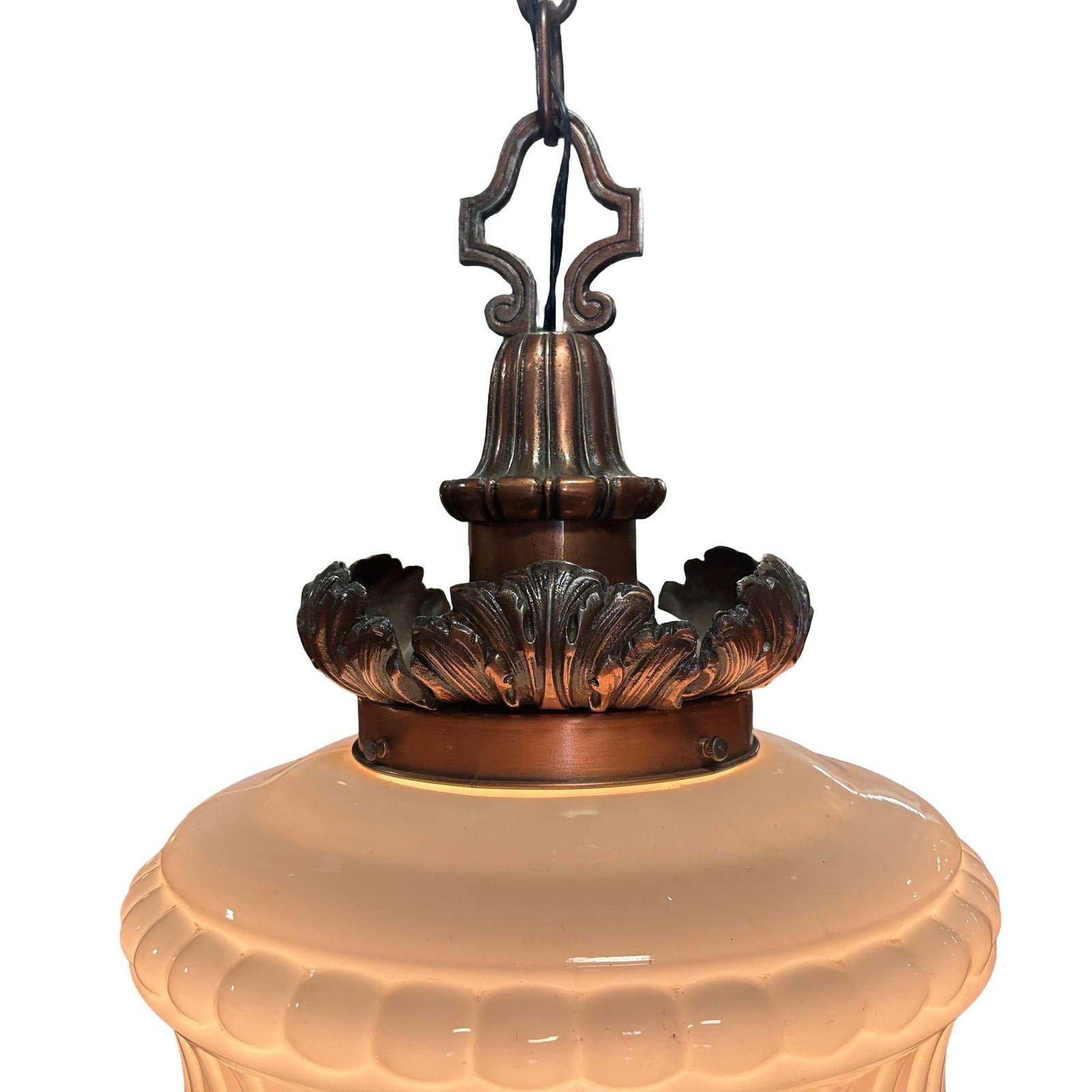 Art Deco Copper Acanthus Leaf Pendant Light w/ Crystal & Milk Glass Acorn Shade - 5