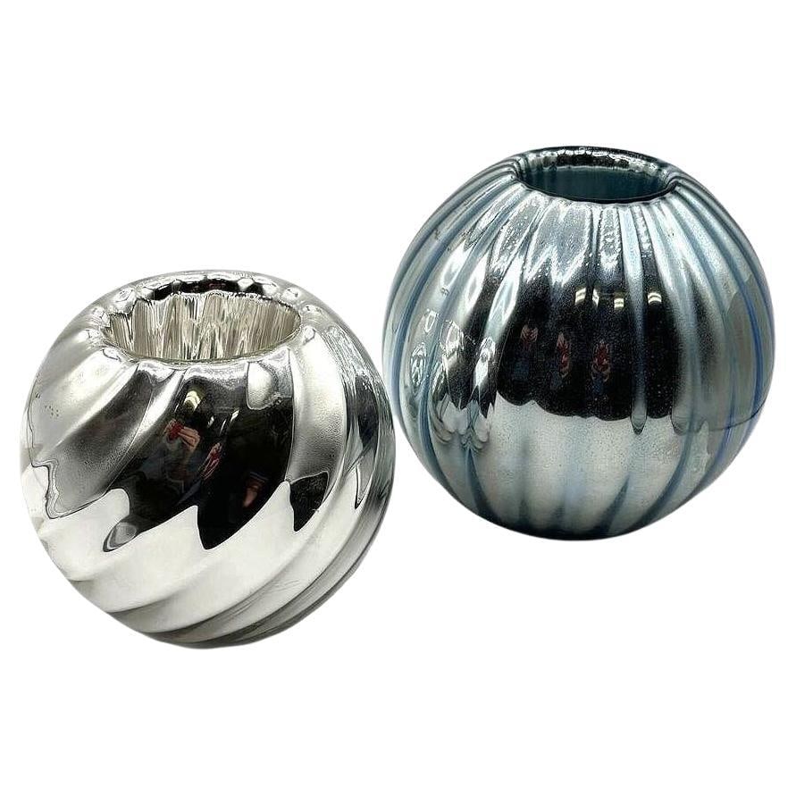 Czechoslovakian Art Deco Cobalt Mercury Glass Ball Candlestick Holders, Pair (1 of 5)