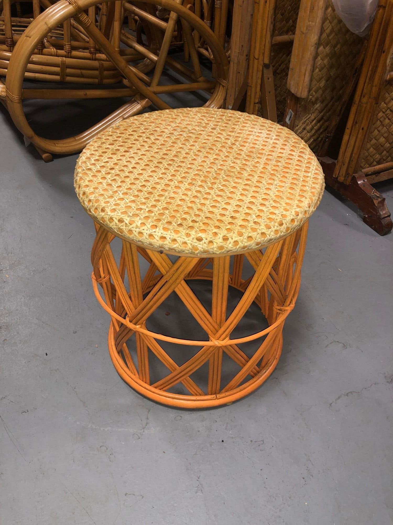 Restored Rattan Orange and Natural Cane Side Table - 4