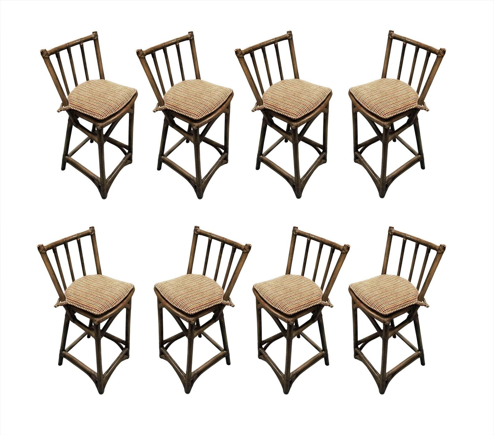 Mid Century Dark Stained Rattan Bar Stools with Stick Back, set of 8 (1 of 5)