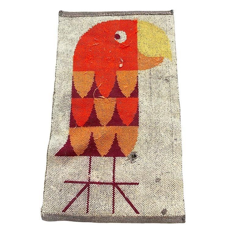 Mid-century 3' Foot Hand-Hooked Bird Tapestry Rug Wall Hanging - 3