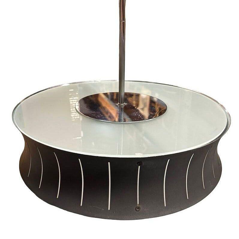 Restored Mid-Century Googie Drum Pendent Black and White Chandelier Lighting - 2