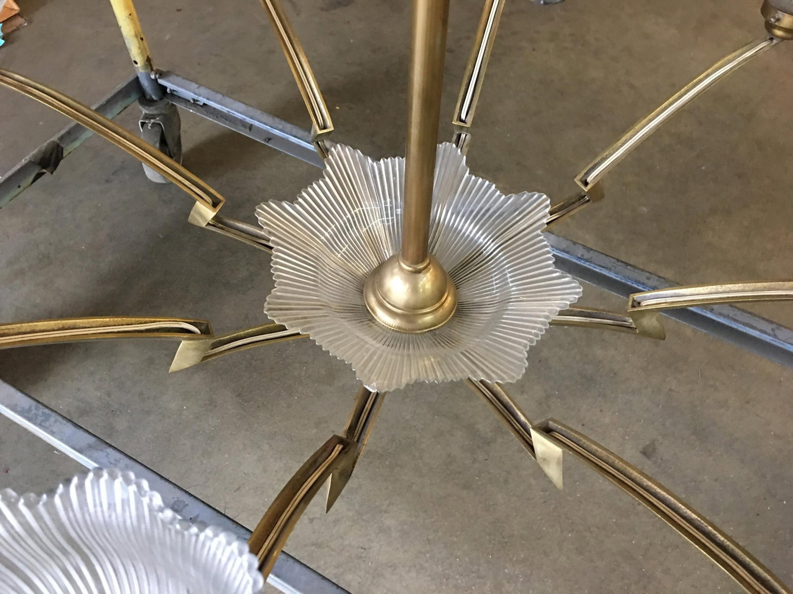 Bronze Modernist Lighting Bolt Chandelier with Holophane Glass Fixtures - 3