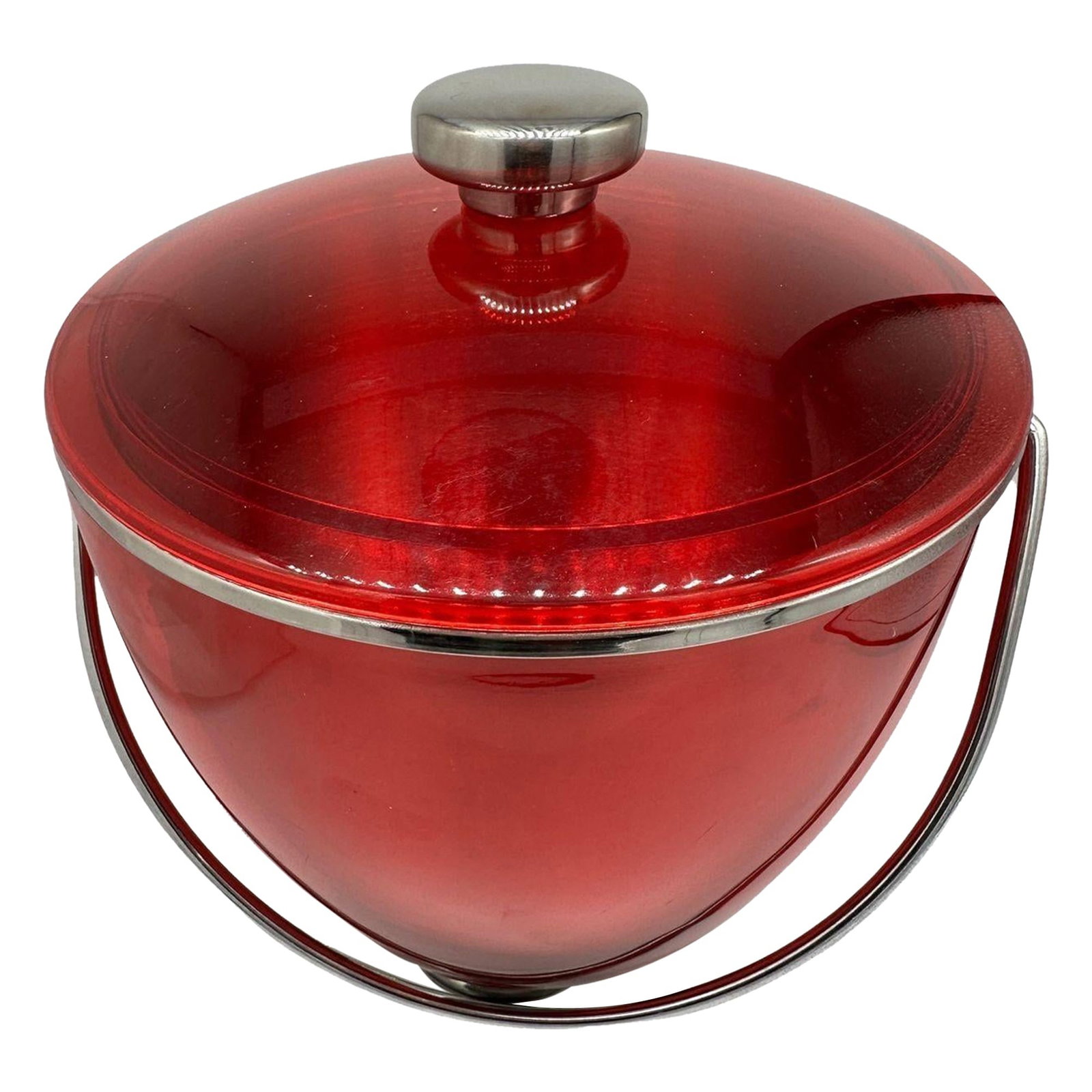Mid-century Red Acrylic & Stainless Steel Ice Bucket: Title: Mid-century Red Acrylic & Stainless Steel Ice Bucket Description: Vintage circa 1960s sem-transparent cherry lucite ice bucket with a brushed stainless steel interior and soft black felt