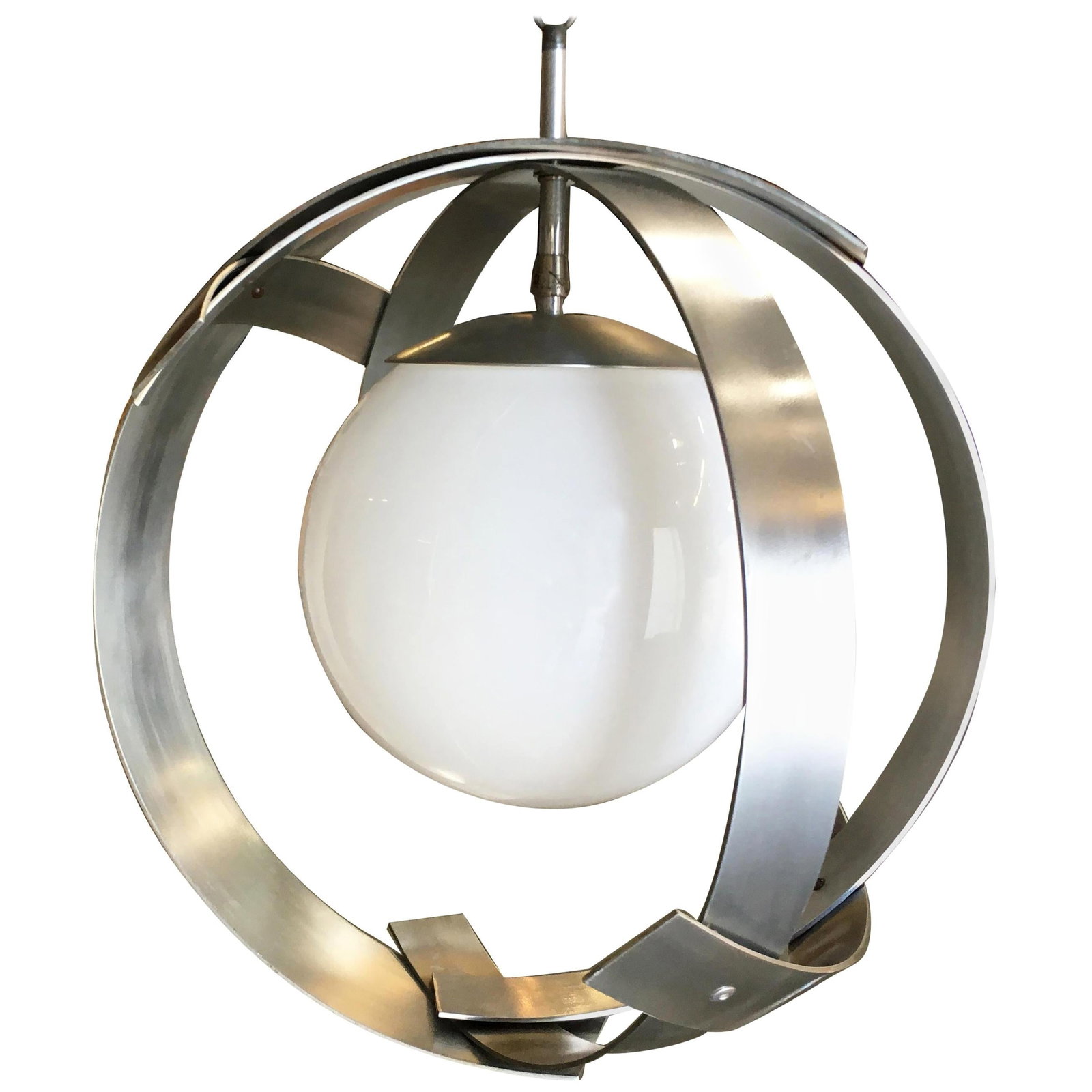 Midcentury Abstract Aluminum Strip Ribbon Globe Chandelier: Title: Midcentury Abstract Aluminum Strip Ribbon Globe Chandelier Description: Midcentury abstract ribbon chandelier hand fabricated from aluminum strips fixed together to make a skeleton-like globe. 