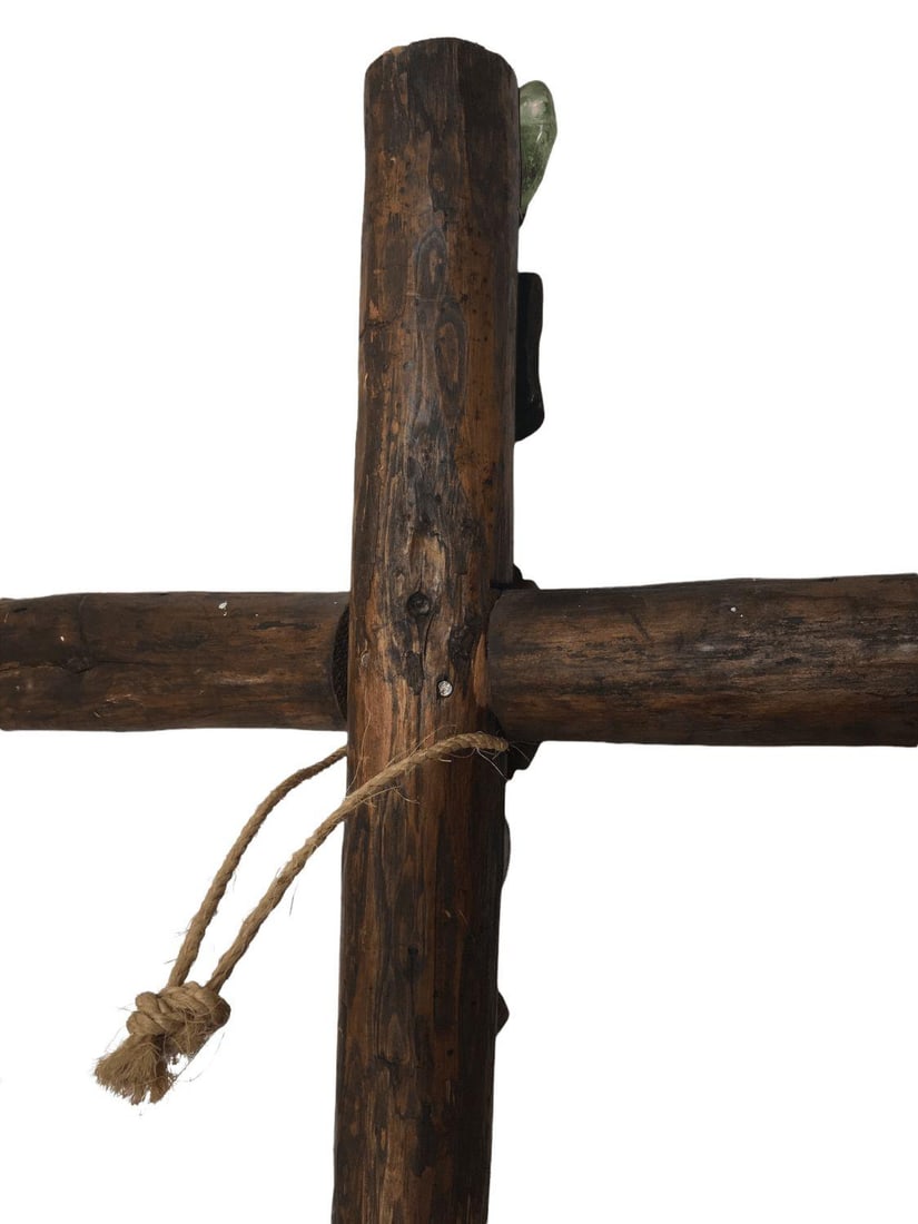 Vintage Large Wood Logs Cross with Metal and Glass decorations - 4