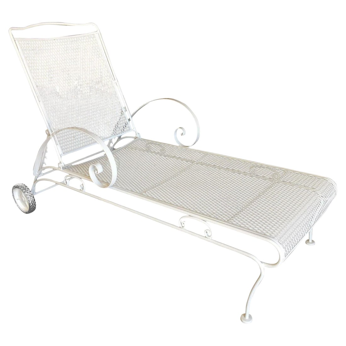 Mid-century Iron Mesh Outdoor/Patio Chaise Lounge by Woodard, 2 Available: Title: Mid-century Iron Mesh Outdoor/Patio Chaise Lounge by Woodard, 2 Available Description: White painted iron outdoor / patio chaise lounge, produced in 1950 by the Woodard Furniture Company. This