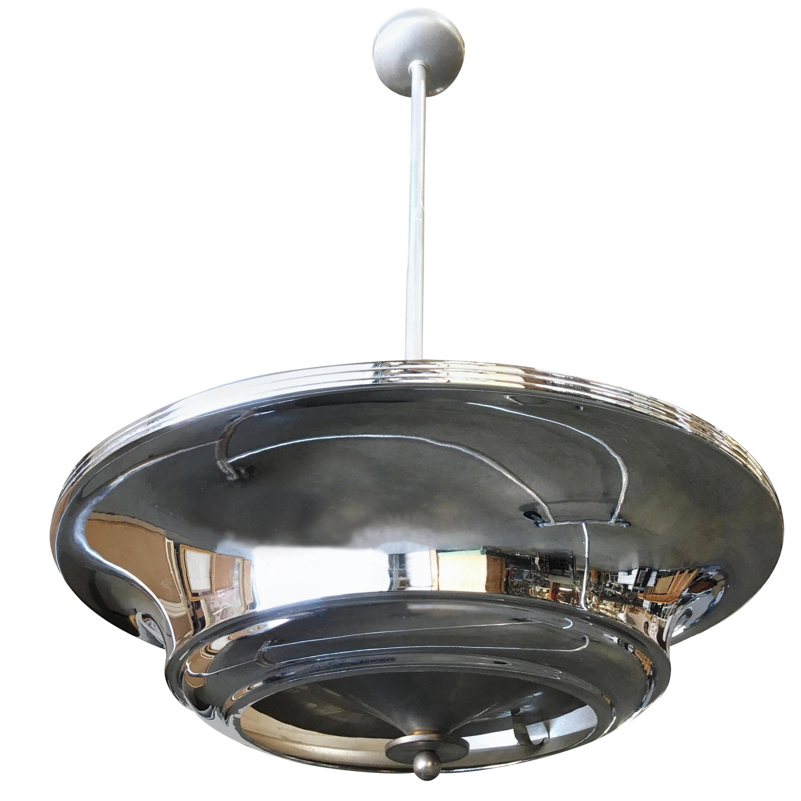 2 Layer Chrome Art Deco Streamline Saucer Ceiling Pendant Chandelier, 7 Availabl: Title: 2 Layer Chrome Art Deco Streamline Saucer Ceiling Pendant Chandelier, 7 Availabl Description: Two two-layer chromed steel Art Deco Streamline saucer ceiling pendant lamp featuring a round layer