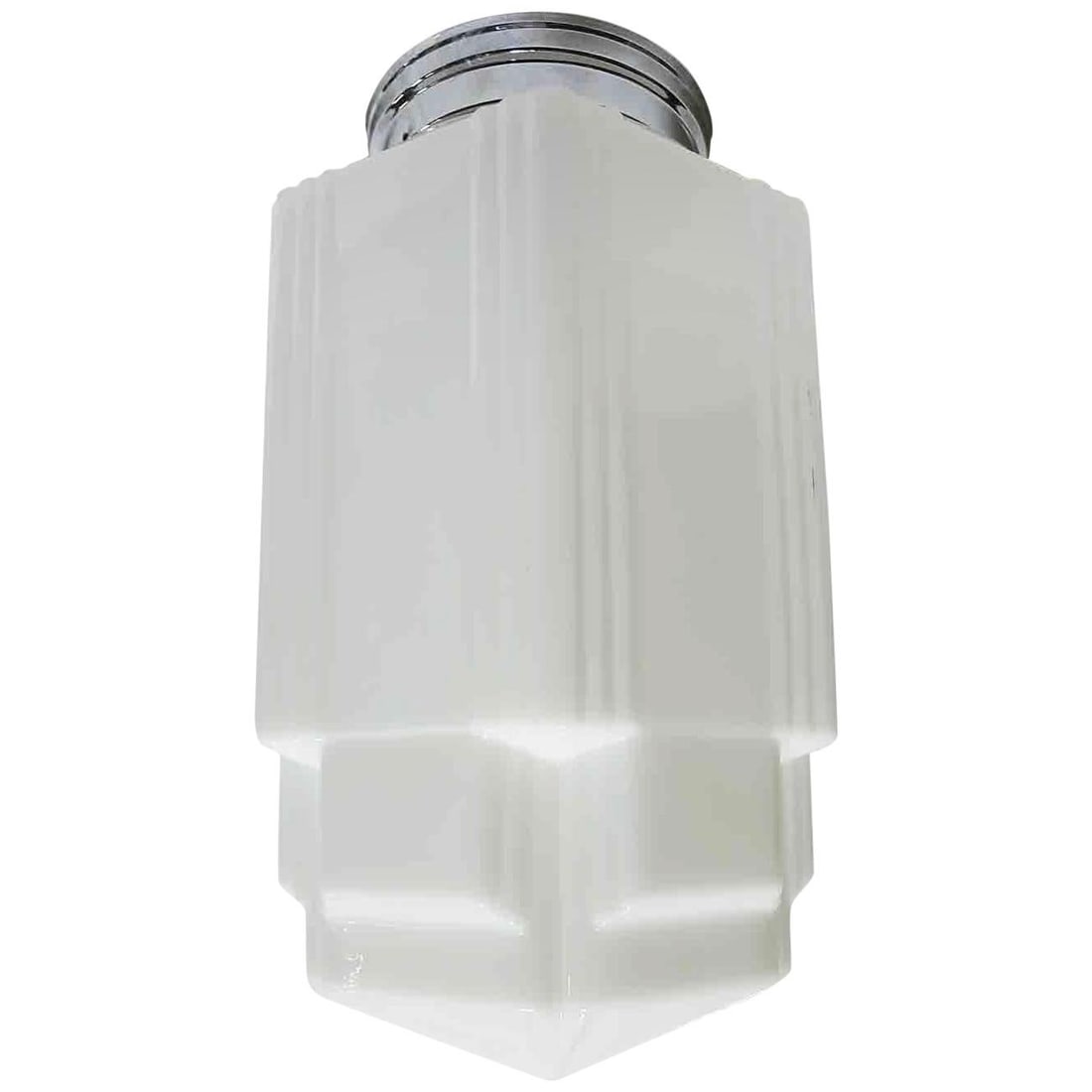 Tall Art Deco Stepped Skyscraper Ceiling Glass Globe Pendant, 4 Available: Title: Tall Art Deco Stepped Skyscraper Ceiling Glass Globe Pendant, 4 Available Description: Unique Art Deco Stepped Skyscraper ceiling glass globe in white milk glass features distinctive