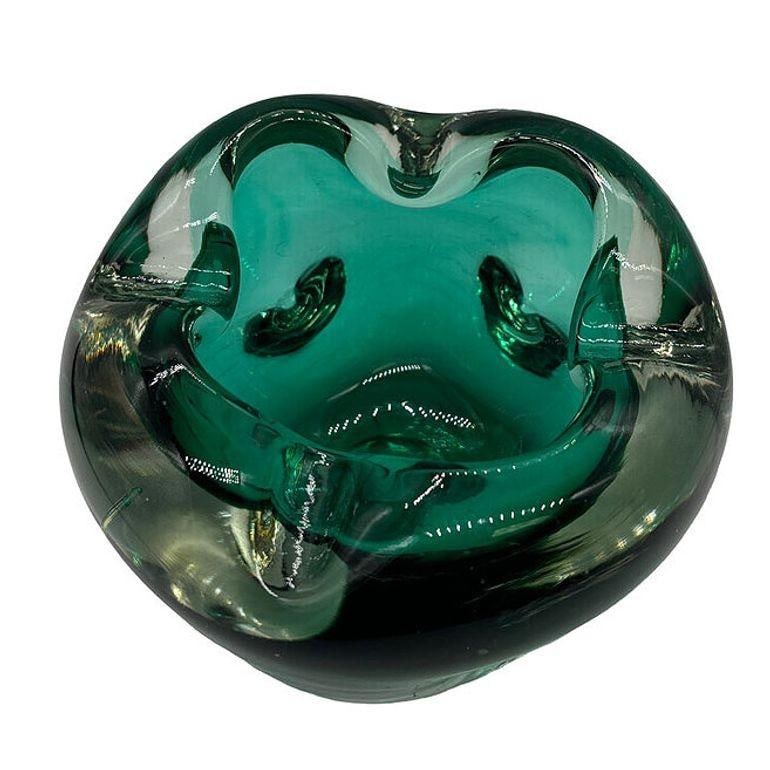 Hand Blown Emerald Green Murano Weighted Cased Art Glass Ashtray - 2