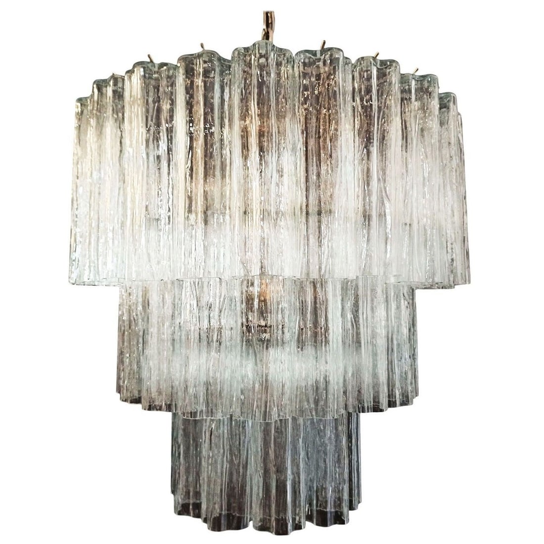 Mid-century Murano Glass Tronchi Pendant Chandelier by Venini: Title: Mid-century Murano Glass Tronchi Pendant Chandelier by Venini Description: Made in Italy, this gorgeous round chandelier features a brass frame and three tiers of textured glass pendants, known