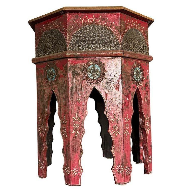 Hand Painted Moroccan Hexagon Wooden Boho Side Table w/ Brass Inlays - 2