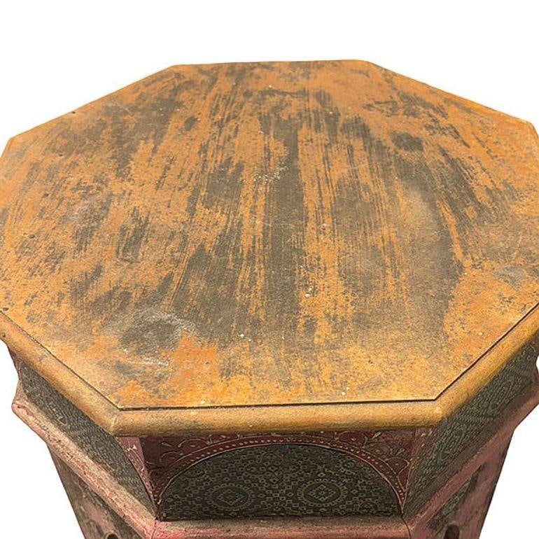 Hand Painted Moroccan Hexagon Wooden Boho Side Table w/ Brass Inlays - 3