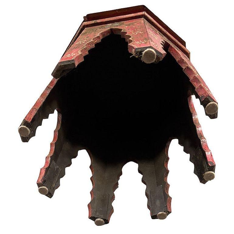 Hand Painted Moroccan Hexagon Wooden Boho Side Table w/ Brass Inlays - 5