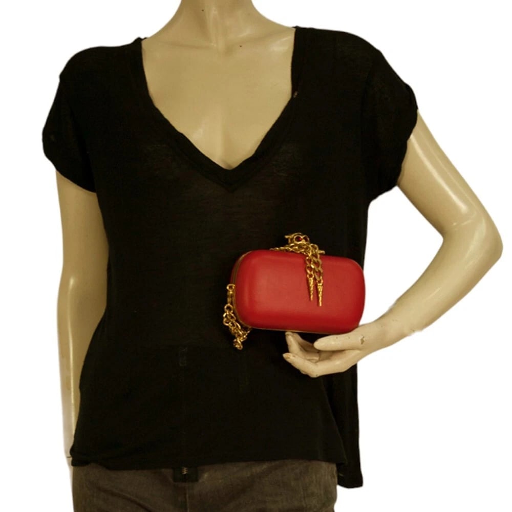 Alexander McQueen Red Leather Crystal Studded Gold Stabbed Skull Clasp Clutch - 12