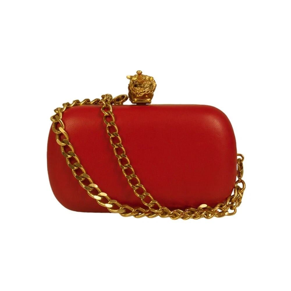 Alexander McQueen Red Leather Crystal Studded Gold Stabbed Skull Clasp Clutch - 2