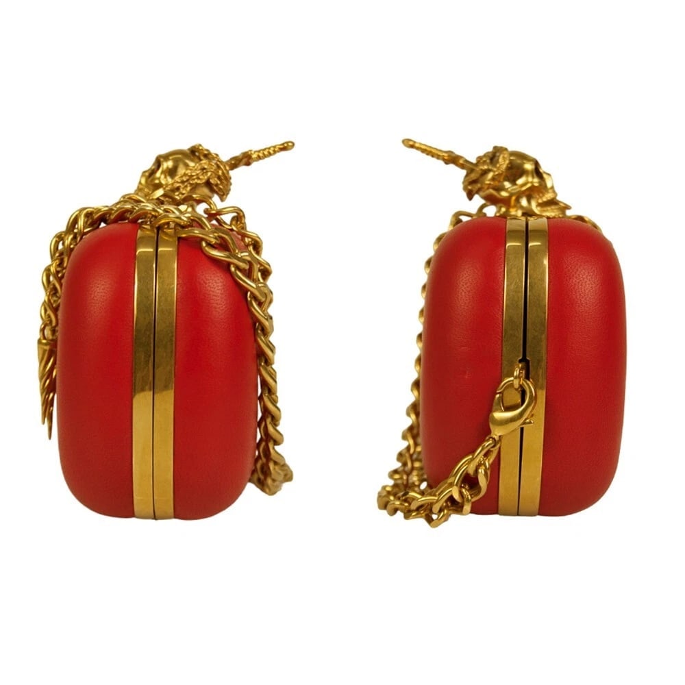 Alexander McQueen Red Leather Crystal Studded Gold Stabbed Skull Clasp Clutch - 3