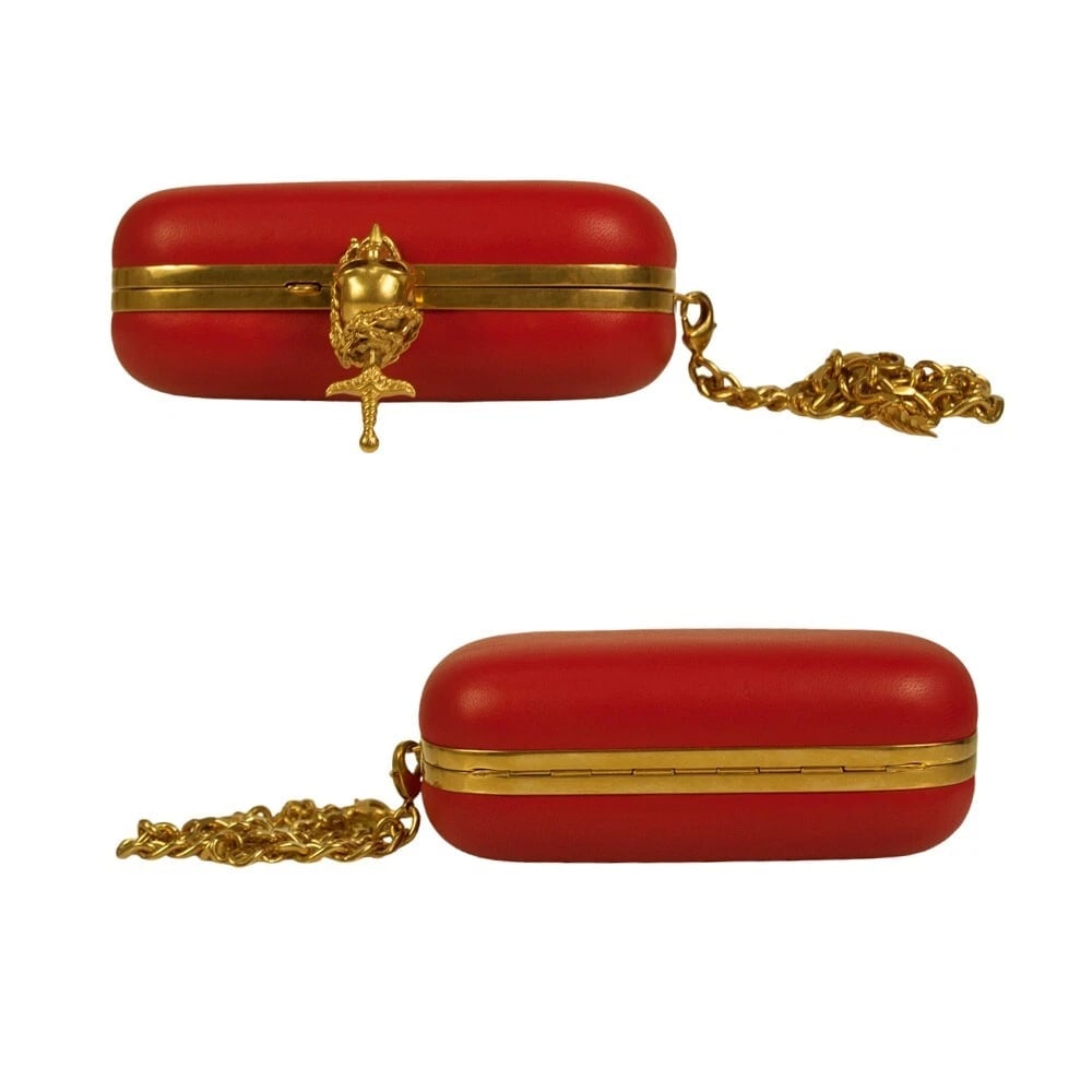 Alexander McQueen Red Leather Crystal Studded Gold Stabbed Skull Clasp Clutch - 4