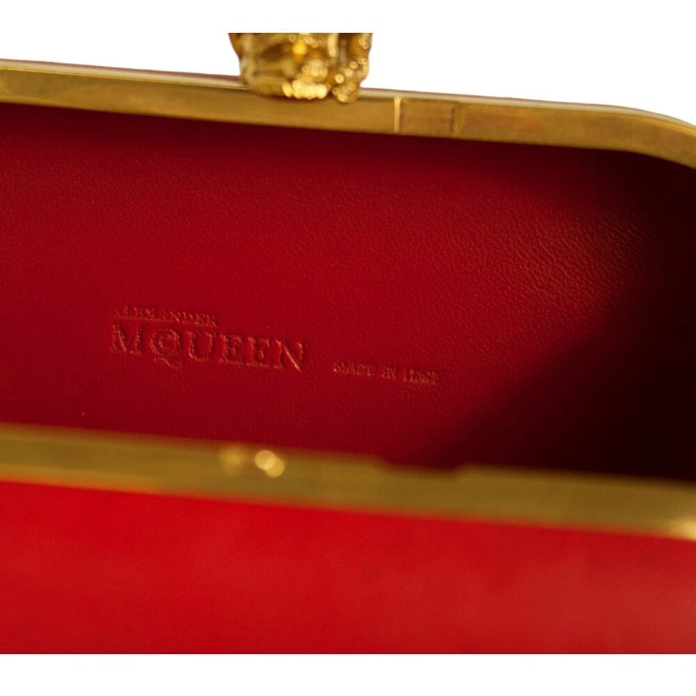 Alexander McQueen Red Leather Crystal Studded Gold Stabbed Skull Clasp Clutch - 5