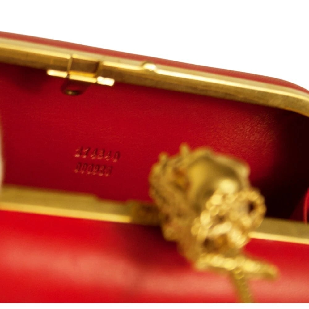 Alexander McQueen Red Leather Crystal Studded Gold Stabbed Skull Clasp Clutch - 6