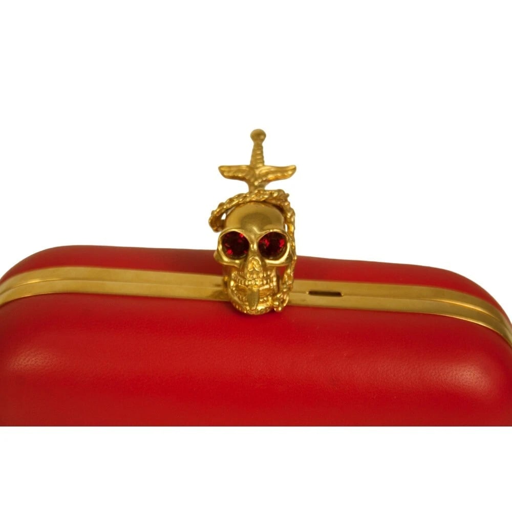 Alexander McQueen Red Leather Crystal Studded Gold Stabbed Skull Clasp Clutch - 7