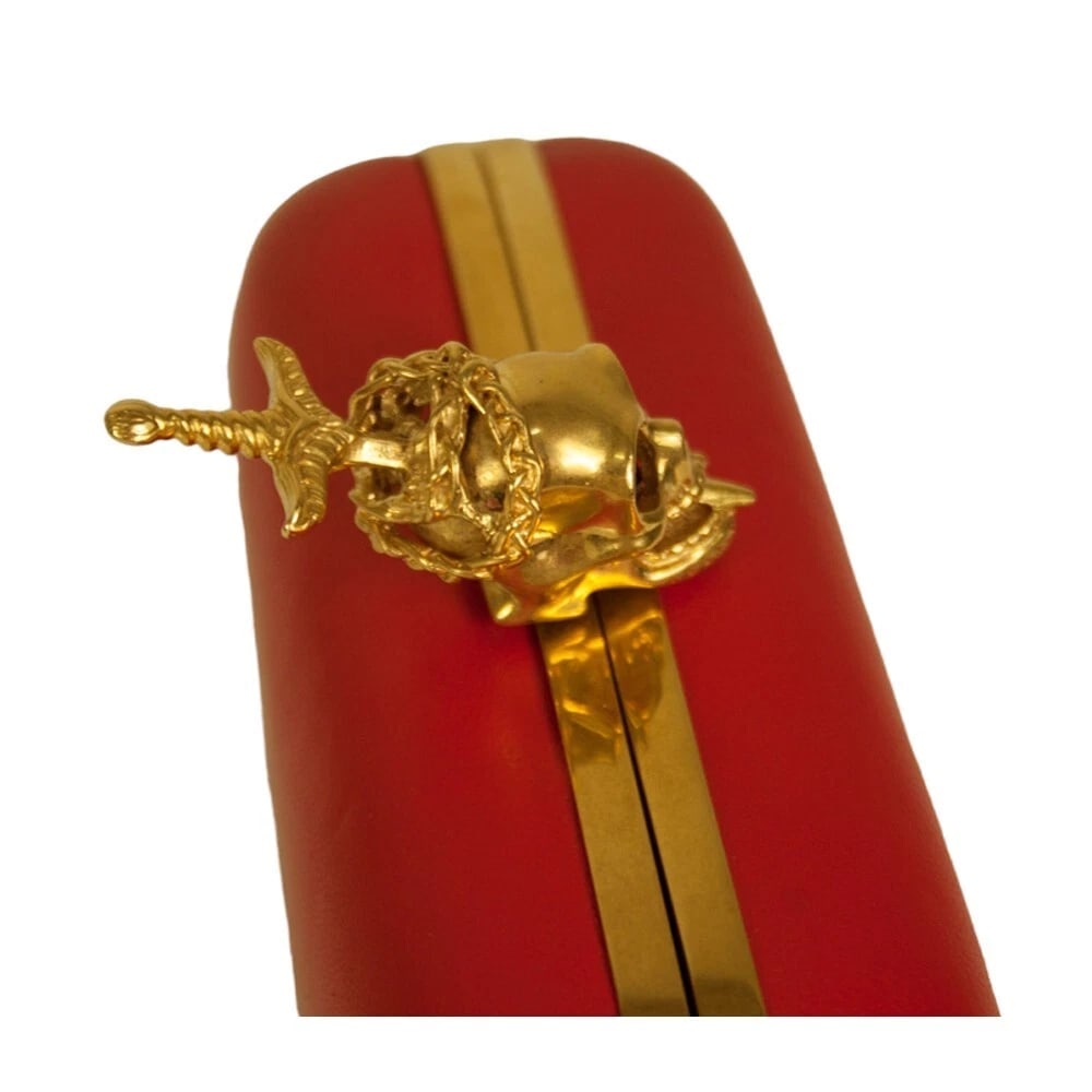 Alexander McQueen Red Leather Crystal Studded Gold Stabbed Skull Clasp Clutch - 8